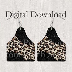 Sublimation Earring Design, Cow Ear Tag, Leopard Print and Black, Printable PNG File, Digital Download