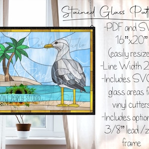 Stained Glass Pattern, Seagull on Beach, Digital Download, PDF SVG