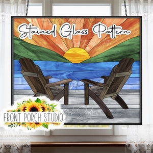 May include: Stained glass pattern featuring a sunset over a lake with two chairs on a wooden dock. The text "Stained Glass Pattern" is at the top of the image.