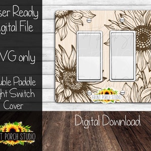 Puede incluir: Una cubierta de interruptor de doble paleta con un fondo de madera y un diseño de girasol. La cubierta está lista para láser y viene como una descarga digital en formato SVG. El texto "FRONT PORCH STUDIO" es visible en la cubierta.