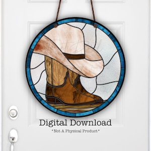 Cowboy Boots and Hat, &quot;Stained Glass&quot;, Sublimation Door Hanger Design, Printable, PNG File, Digital Download