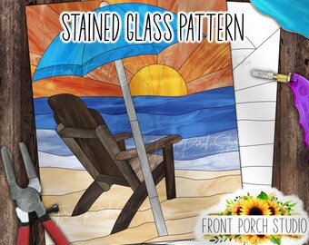 Patrón de vidriera, escena de playa, descarga digital, PDF SVG
