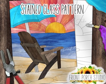 Diseño de vidriera, escena de playa, descarga digital, PDF SVG, versión 2