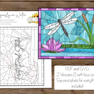 May include: A black and white stained glass pattern of a dragonfly on water with a pink water lily. The pattern is labeled "Dragonfly on Water" and includes the text "Copyright belongs to frontPech Studio 093 Limited Commercial License (up to 500 items) Pattern not for resale or redistribution".