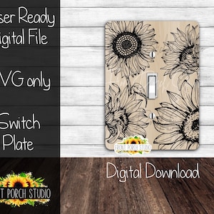 Puede incluir: Una placa de interruptor beige claro con girasoles en arte lineal negro. La placa del interruptor tiene un interruptor de luz y dos orificios para tornillos. El texto en la imagen incluye "Laser Ready Digital File", "SVG only", "Switch Plate" y "Digital Download".