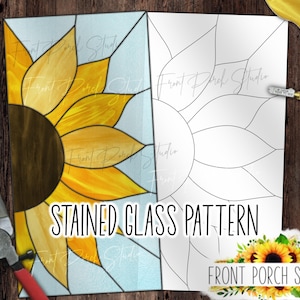 May include: A stained glass pattern featuring a sunflower design. The image shows a completed stained glass piece with yellow and orange petals, and a black center. The text "STAINED GLASS PATTERN" is displayed. A second pattern is shown in black and white.