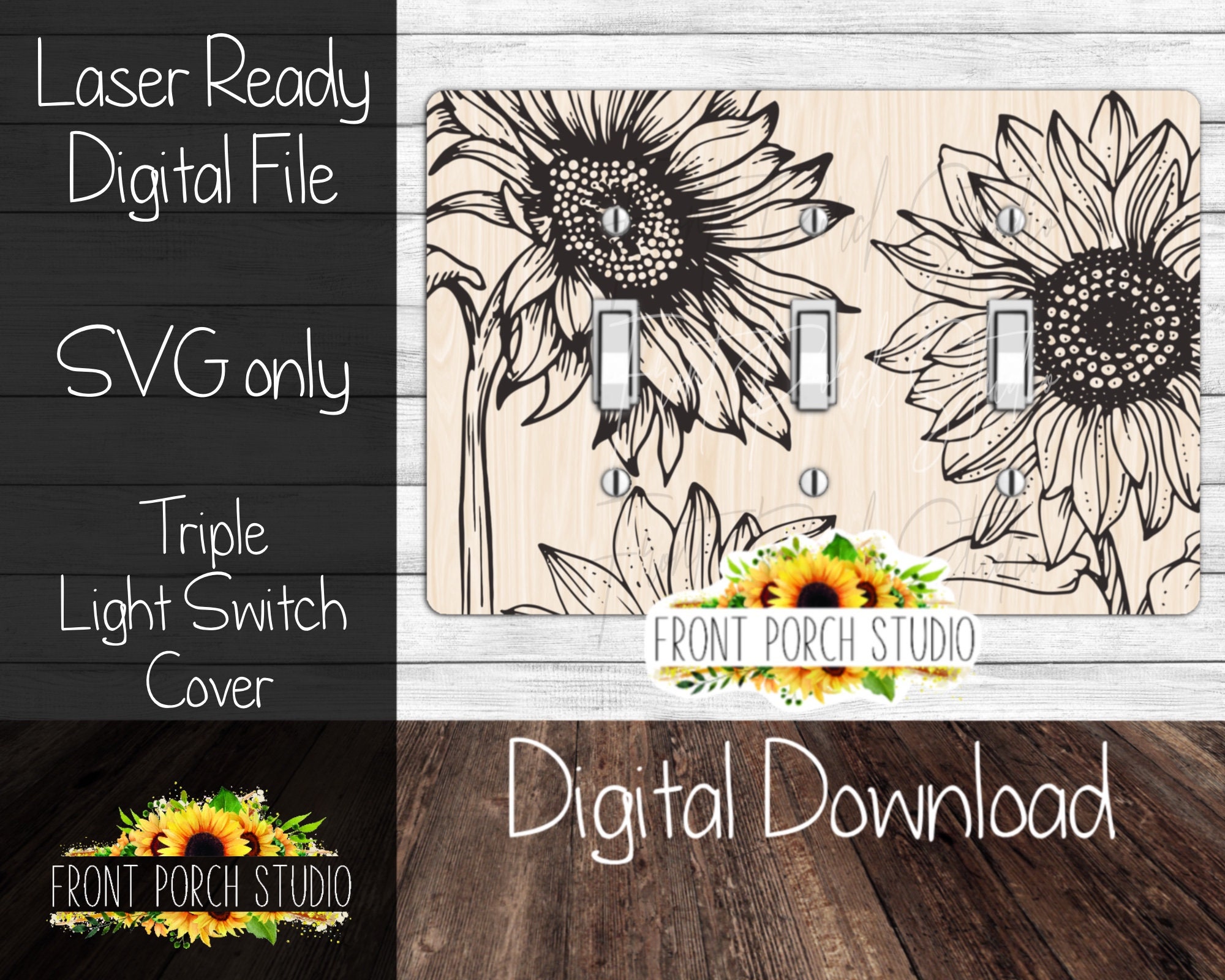 Sunflowers, SVG, Triple Light Switch Cover, Digital Download, Laser File