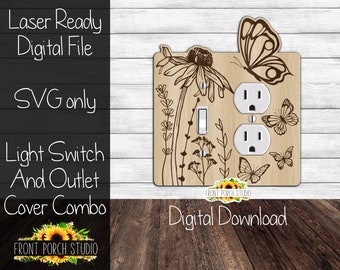 Flowers and Butterflies, SVG, Light Switch and Outlet Combo Cover, Digital Download, Laser File
