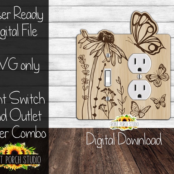 Flowers and Butterflies, SVG, Light Switch and Outlet Combo Cover, Digital Download, Laser File