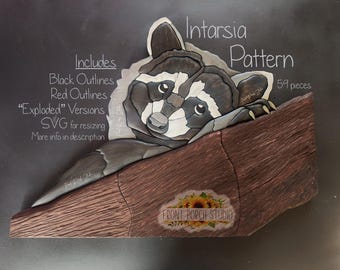 Intarsia Pattern, Raccoon, 59pc, Digital Download, PDF SVG, Woodworking