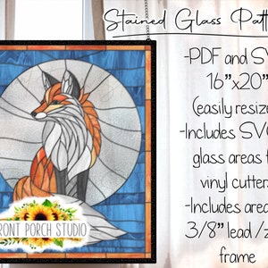 Puede incluir: Un patrón de vitral de un zorro sentado en un círculo, con un fondo azul. El patrón es para un proyecto de vitral de 40,6 cm x 50,8 cm e incluye archivos SVG para cortadores de vinilo y marco de plomo/zinc.