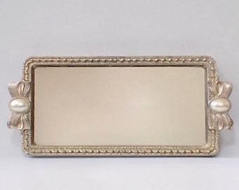 Vintage Metal Vanity Footed Mirror With Handles Faux Pearls
