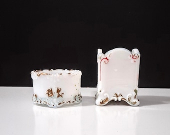 Victorian Antique Milk Glass Hand Painted Toothpick Holder And Salt Cellar