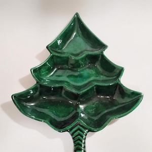 Vintage Pottery 13&quot; Christmas Tree Dish  Divided Green Holiday Decorative Plate