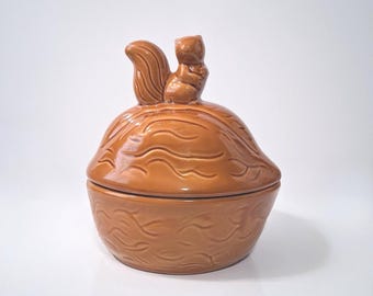 Vintage Ceramic Squirrel On A Nut Brown Glaze Cookie Jar