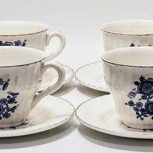 Enoch Wedgwood Royal Blue Floral Teacup and Saucer: Platinum Trimmed Ironstone