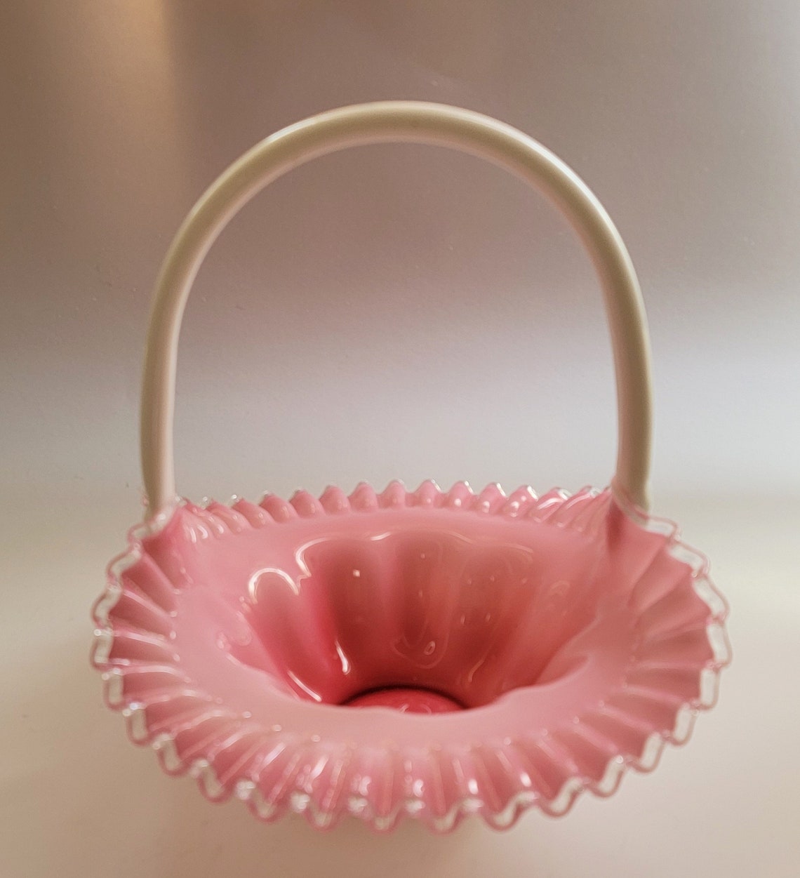 FENTON Peach Crest Art Glass Basket/ Pink and White Milk Glass Etsy