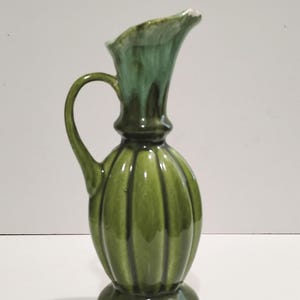 Vintage Green Tones Drip Glaze Vase W Handle Handmade Unmarked