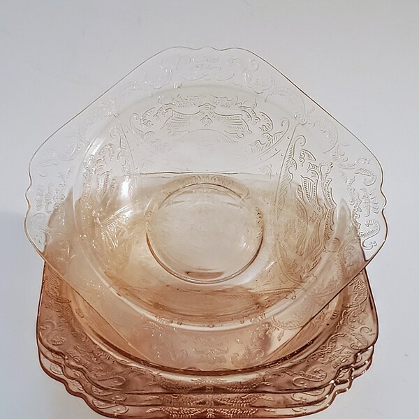 Madrid Pink Bowls by FEDERAL Glass Soup Salad Square Etched Pink Depression Glass Set of Four