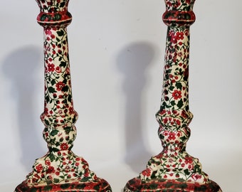 Vintage Candle Holders Floral Ceramic 10" Taper Candlesticks W Red Felt Bottom Decorative