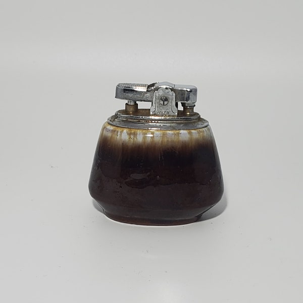 Vintage Table Top Lighter Glazed Brown Tone Pottery Base
