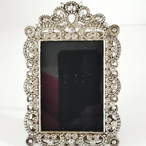 Vintage Faux Pearl And Gemstones Beaded Metal Picture Photo Frame Home Decor