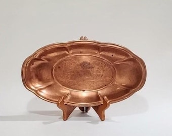 Bandeja de cobre vintage con borde festoneado grabado en cobre, decoración del hogar