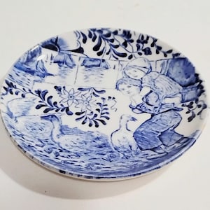 Vintage Delft Blue 4&quot; Plate Geese Children Scene Sphinx Holland Boch For Royal