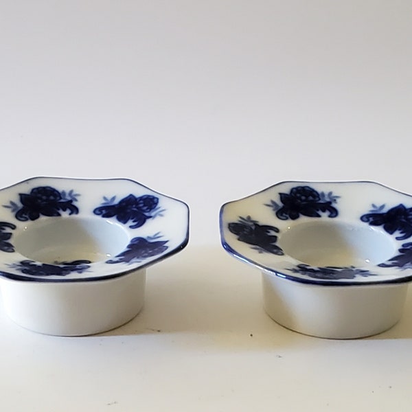 Vintage Flow Blue White Porcelain Candle Tea Light Holders Set of 2