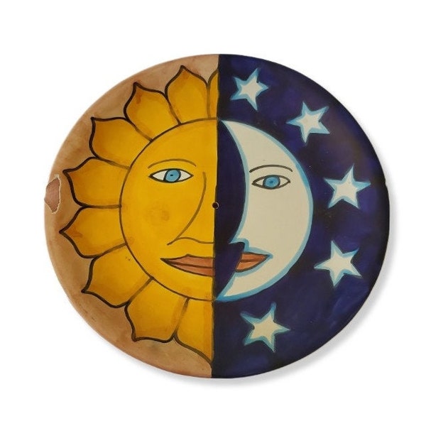 Signed 11"  Amora Talavera Pottery Wall Hanging Plate Indoor Outdoor Colorful Sun Moon And Star Decor Hand Painted Made In Mexico