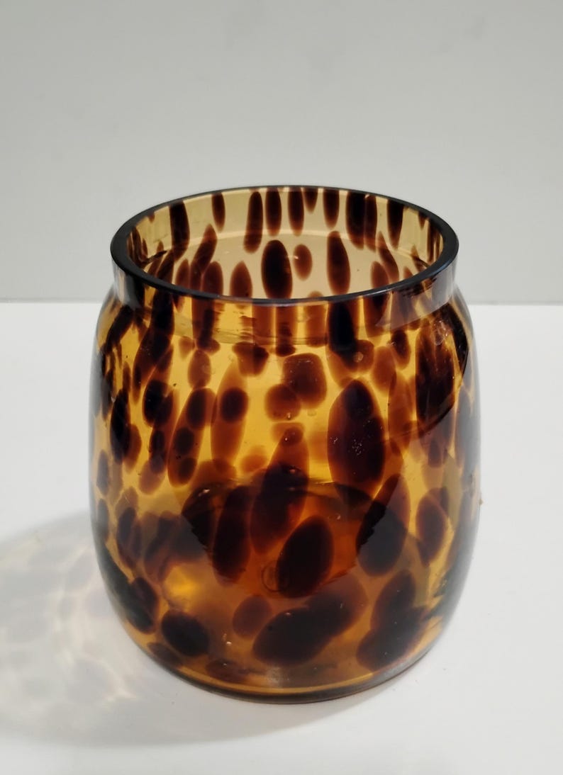 Vtg Tortoise Loepard Print Glass Candle Make Up Brushes Pen Holder Decorative Jar