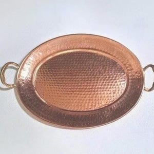 Vintage Large Copper Hammered Oval Tray With Two Brass Handles