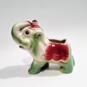 Vintage Pottery Circus Elephant Planter Green Pink Trunk Up Home Decor