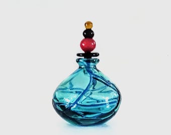 Vintage Fused Art Glass Perfume Blue Bottle With Colorful Stopper