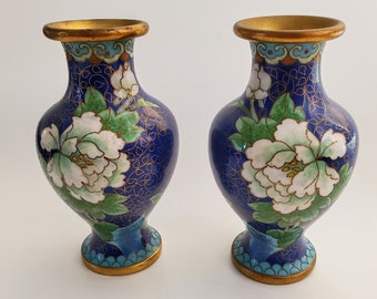 Lot De 2 Vases émaillés Décor Floral - Travail Cloisonné Fait Main