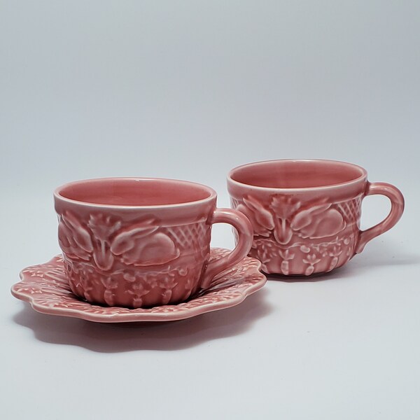 Bordallo Pinheiro Pink Bunny Carrot Teacups  And Saucer Portugal Majolica