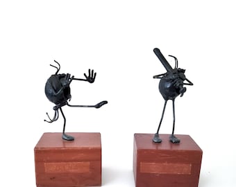 Greg And Jeff Quayle Original Flea Football Kicker Baseball Player Mans Cave Handcrafted Metal Wood Sculptures Sportsman Father&#39;s Day