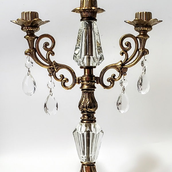 Vintage Candelabra Gold Tone Ornate Three Arm Candle Holder With Crystals  Hollywood Regency Decorative Centerpiece 1970s