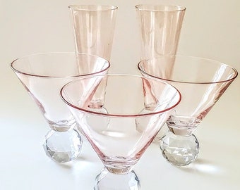 Pink And Clear Ball Stem Barware Martini Champange Glasses Elegant Drinkware Set Of Five