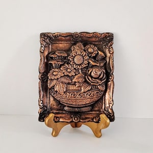 Vintage Cast Iron Flower Bowl Plaque CopperTone Embossed Wall Hanging Home Decor
