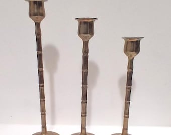 Vintage Set of Three Brass Candle Holders Bamboo Pattern Stems