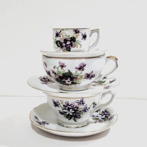 Vintage Mismatched Teacups and Saucer Sets Purple Floral Patterns Set of 3