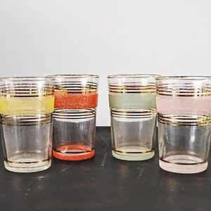 Vintage Frosted Pastel Juice Glasses Gold Rim Harlequin Set Of 4