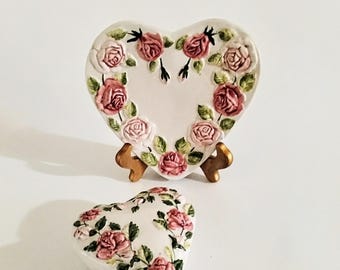 Vintage Majolica Rose Heart Trinket Dish And Trinket Box Portugal SET OF TWO