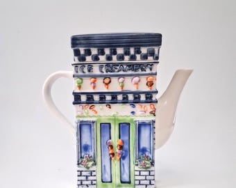 Vintage Ceramic "Ice Creamery" Colorful Embossed Tea Pot