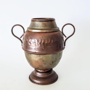 Chilean Brass Hammered Copper Urn Double Handle Vase Chile Engraved At Bottom