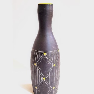 Vintage Matt Conlon Pottery Signed Matte Brown Vase Yellow Glazed Interior Exterior Design Handmade