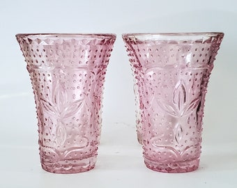 Vtg Pink Drinking Tumblers Glasses Hobnail Floral Pattern Embossed Drinkware Set Of Four