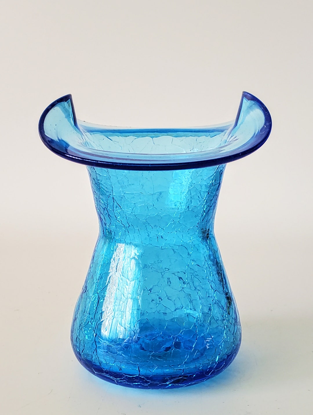 Vintage Handblown Blue Crackle Glass Vase Art Glass Ruffled Etsy