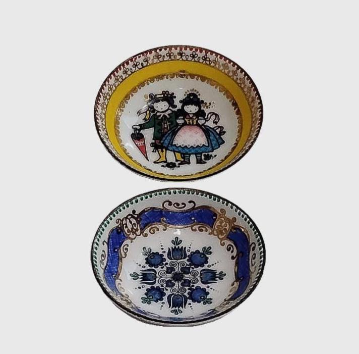 Vintage Austria ARTA Enamel Trinket Dishes Floral And Two Children Hand Made
